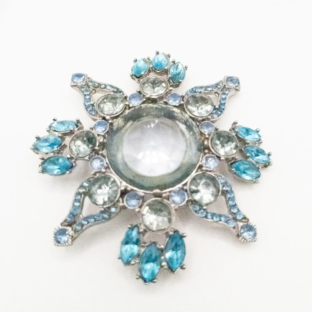 2 Large Blue Rhinestone Brooches